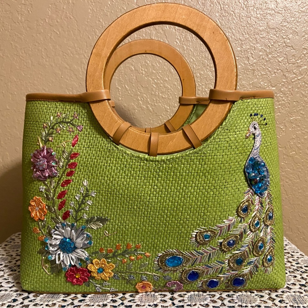 T. Cappelli Green Tote with Embroidered Peacock and Wooden Handles